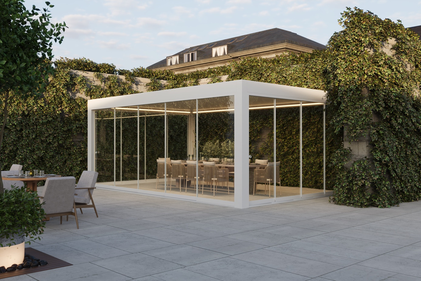 An outdoor patio with a glass wall, showcasing a dining table ready for guests.